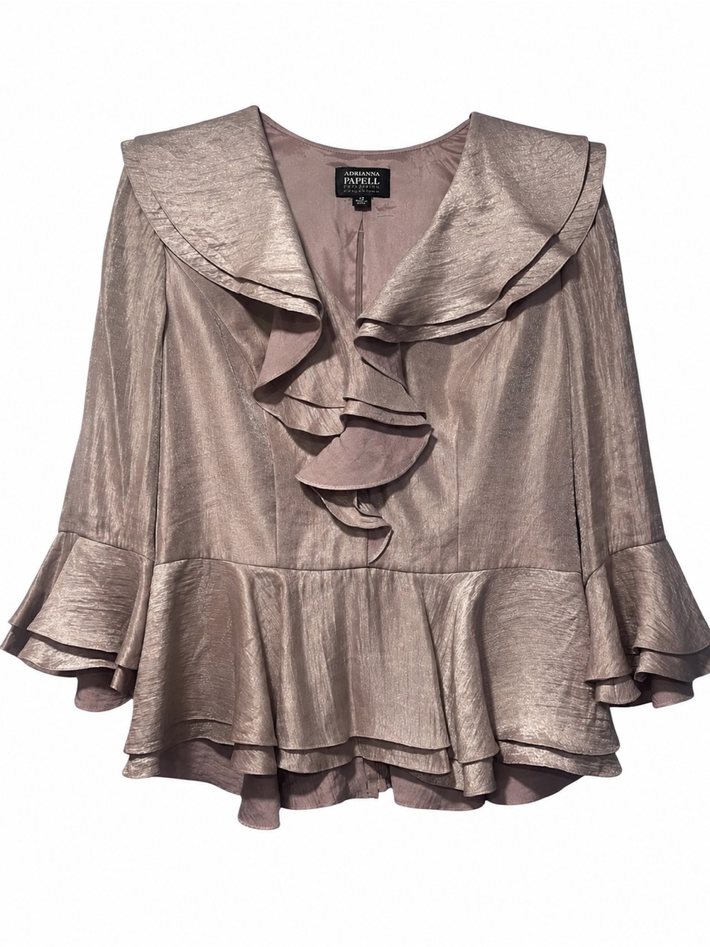 Adrianna Papell Metallic Ruffle Peplum Blouse Size 12 Champagne V-Neck